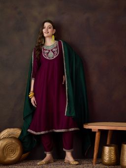 KVS FAB - Women Embroidered Sequined Silk Blend Burgundy Kurta & Pant With Dupatta (Set of 3)