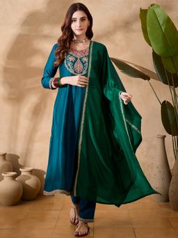 KVS FAB - Women Embroidered Sequined Silk Blend Teal Blue Kurta & Pant With Dupatta (Set of 3)