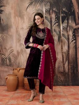 KVS FAB - Embroidered Sequined Purple Velvet Kurta With Pant & Dupatta (Set of 3)