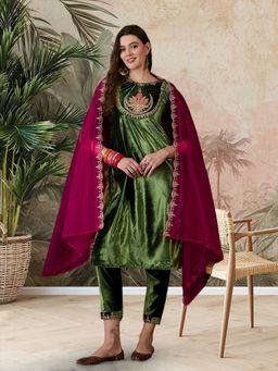 KVS FAB - Embroidered Sequined Olive Velvet Kurta With Pant & Dupatta (Set of 3)