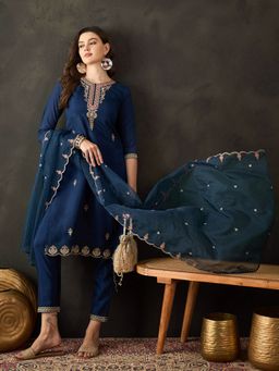 KVS FAB - Navy Blue Silk Blend Embroidered Kurta & Pant With Dupatta (Set of 3)