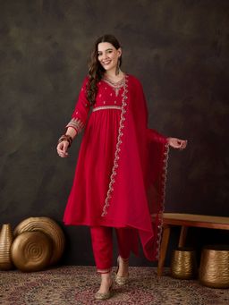 KVS FAB - Red Silk Blend Embroidered Kurta & Pant With Dupatta (Set of 3)