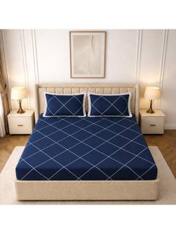 MORADO - Glace Cotton Fitted Double Bedsheet, Blue Cross