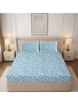 MORADO - Glace Cotton Fitted Double Bedsheet, Blue Floral