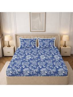 MORADO - Glace Cotton Fitted Double Bedsheet, Blue Heritage
