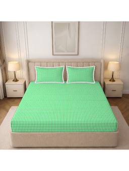 MORADO - Glace Cotton Fitted Double Bedsheet, White Green Check