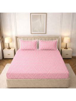 MORADO - Glace Cotton Fitted Double Bedsheet, White Pink Check