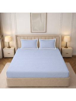 MORADO - Glace Cotton Fitted Double Bedsheet, White Purple Check