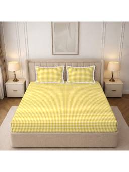 MORADO - Glace Cotton Fitted Double Bedsheet, White Yellow Check