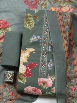 MEENA BAZAAR - Green Floral Printed Cotton Unstitched Kurta with Pant and Dupatta