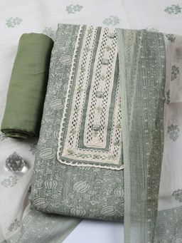 MEENA BAZAAR - Green Floral Printed Linen Unstitched Kurta with Pant and Dupatta