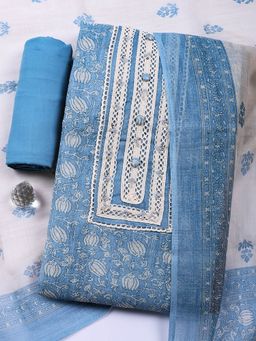 MEENA BAZAAR - Blue Floral Printed Linen Unstitched Kurta with Pant and Dupatta