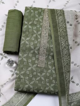 MEENA BAZAAR - Green Geometric Printed Linen Unstitched Kurta with Pant and Dupatta