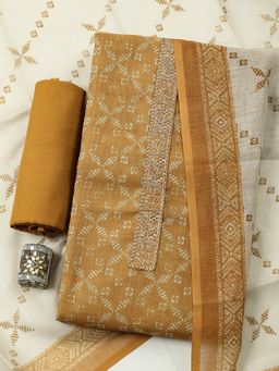 MEENA BAZAAR - Mustard Geometric Printed Linen Unstitched Kurta with Pant and Dupatta