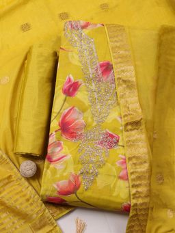 MEENA BAZAAR - Yellow Embroidered Cotton Unstitched Kurta with Pant and Dupatta