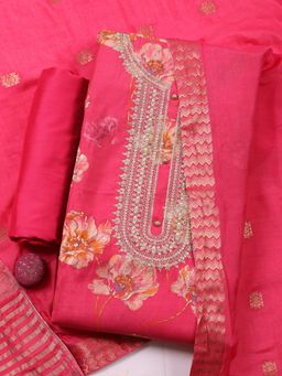 MEENA BAZAAR - Pink Embroidered Cotton Unstitched Kurta with Pant and Dupatta