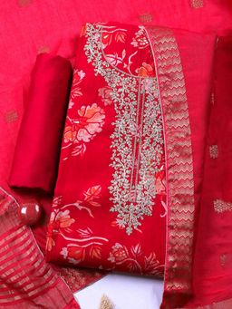 MEENA BAZAAR - Pink Embroidered Cotton Unstitched Kurta with Pant and Dupatta