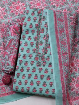 MEENA BAZAAR - Green Cotton Floral Printed Unstitched Kurta with Pant and Dupatta