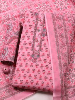 MEENA BAZAAR - Pink Cotton Floral Printed Unstitched Kurta with Pant and Dupatta