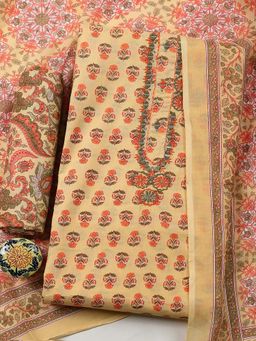 MEENA BAZAAR - Yellow Cotton Floral Printed Unstitched Kurta with Pant and Dupatta