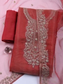 MEENA BAZAAR - Red Embroidered Art Silk Unstitched Kurta with Pant and Dupatta
