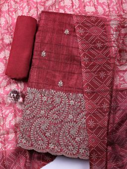 MEENA BAZAAR - Maroon Embroidered Art Silk Unstitched Kurta with Pant and Dupatta