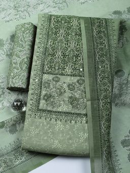 MEENA BAZAAR - Green Embroidered Cotton Unstitched Kurta with Pant and Dupatta