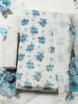 MEENA BAZAAR - Blue Floral Printed Linen Unstitched Kurta with Pant and Dupatta