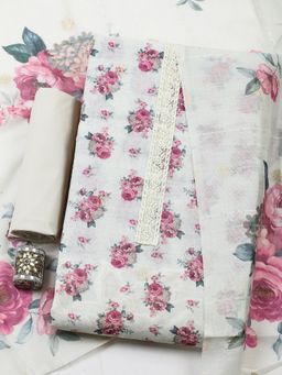 MEENA BAZAAR - Pink Floral Printed Linen Unstitched Kurta with Pant and Dupatta