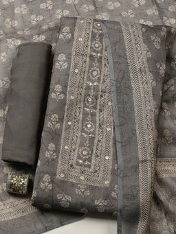 MEENA BAZAAR - Grey Floral Printed Art Silk Unstitched Kurta with Pant and Dupatta