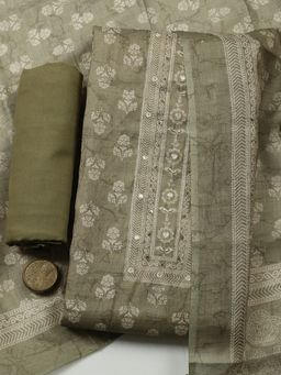 MEENA BAZAAR - Green Floral Printed Art Silk Unstitched Kurta with Pant and Dupatta