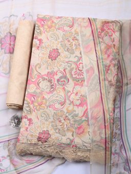 MEENA BAZAAR - Beige Floral Printed Cotton Unstitched Kurta with Pant and Dupatta
