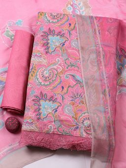 MEENA BAZAAR - Pink Floral Printed Cotton Unstitched Kurta with Pant and Dupatta