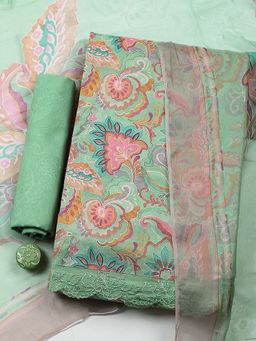 MEENA BAZAAR - Green Floral Printed Cotton Unstitched Kurta with Pant and Dupatta