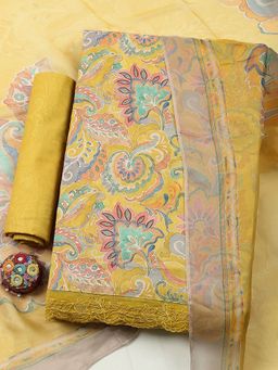 MEENA BAZAAR - Yellow Floral Printed Cotton Unstitched Kurta with Pant and Dupatta