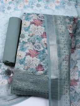 MEENA BAZAAR - Blue Floral Printed Linen Unstitched Kurta with Pant and Dupatta