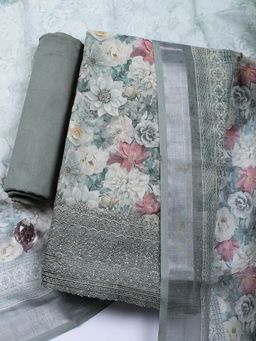 MEENA BAZAAR - Green Floral Printed Linen Unstitched Kurta with Pant and Dupatta