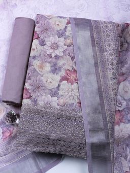 MEENA BAZAAR - Purple Floral Printed Linen Unstitched Kurta with Pant and Dupatta