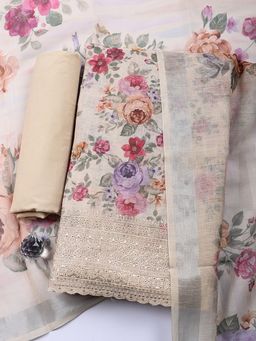MEENA BAZAAR - Beige Floral Printed Linen Unstitched Kurta with Pant and Dupatta