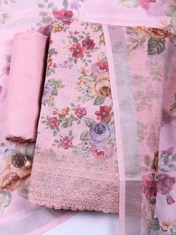 MEENA BAZAAR - Pink Floral Printed Linen Unstitched Kurta with Pant and Dupatta