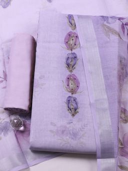 MEENA BAZAAR - Purple Floral Printed Linen Unstitched Kurta with Pant and Dupatta