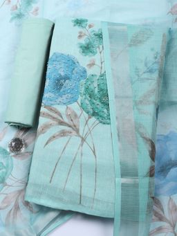 MEENA BAZAAR - Green Printed Linen Unstitched Kurta with Pant and Dupatta