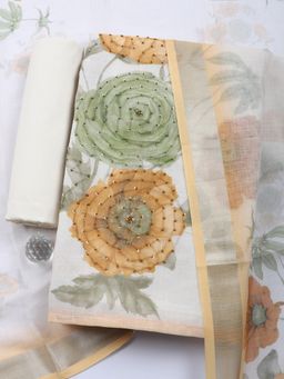 MEENA BAZAAR - Mustard Printed Linen Unstitched Kurta with Pant and Dupatta