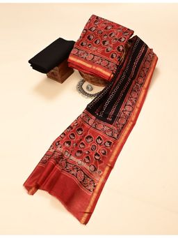 Ushvii - Red Hand Block Printed Unstitched Kurta with Pant and Dupatta
