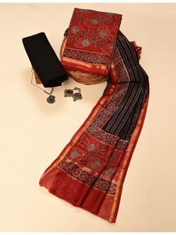 Ushvii - Maroon Hand Block Printed Unstitched Kurta with Pant and Dupatta
