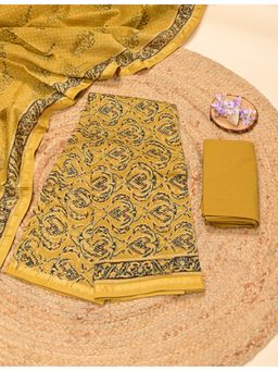 Ushvii - Mustard Hand Block Printed Unstitched Kurta with Pant and Dupatta
