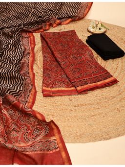 Ushvii - Maroon Hand Block Printed Unstitched Kurta with Pant and Dupatta