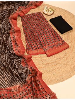 Ushvii - Red Hand Block Printed Unstitched Kurta with Pant and Dupatta