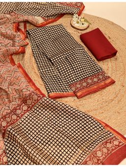 Ushvii - Beige Checks Printed Unstitched Kurta with Pant and Dupatta