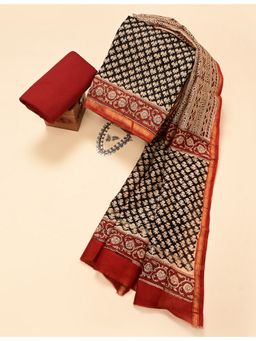 Ushvii - Black Hand Block Printed Unstitched Kurta with Pant and Dupatta